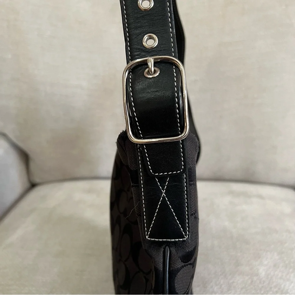 VTG Coach Black Canvas Signature Monogram Crossbody Bag White Stitching K2K-6347 - Picture 8 of 15